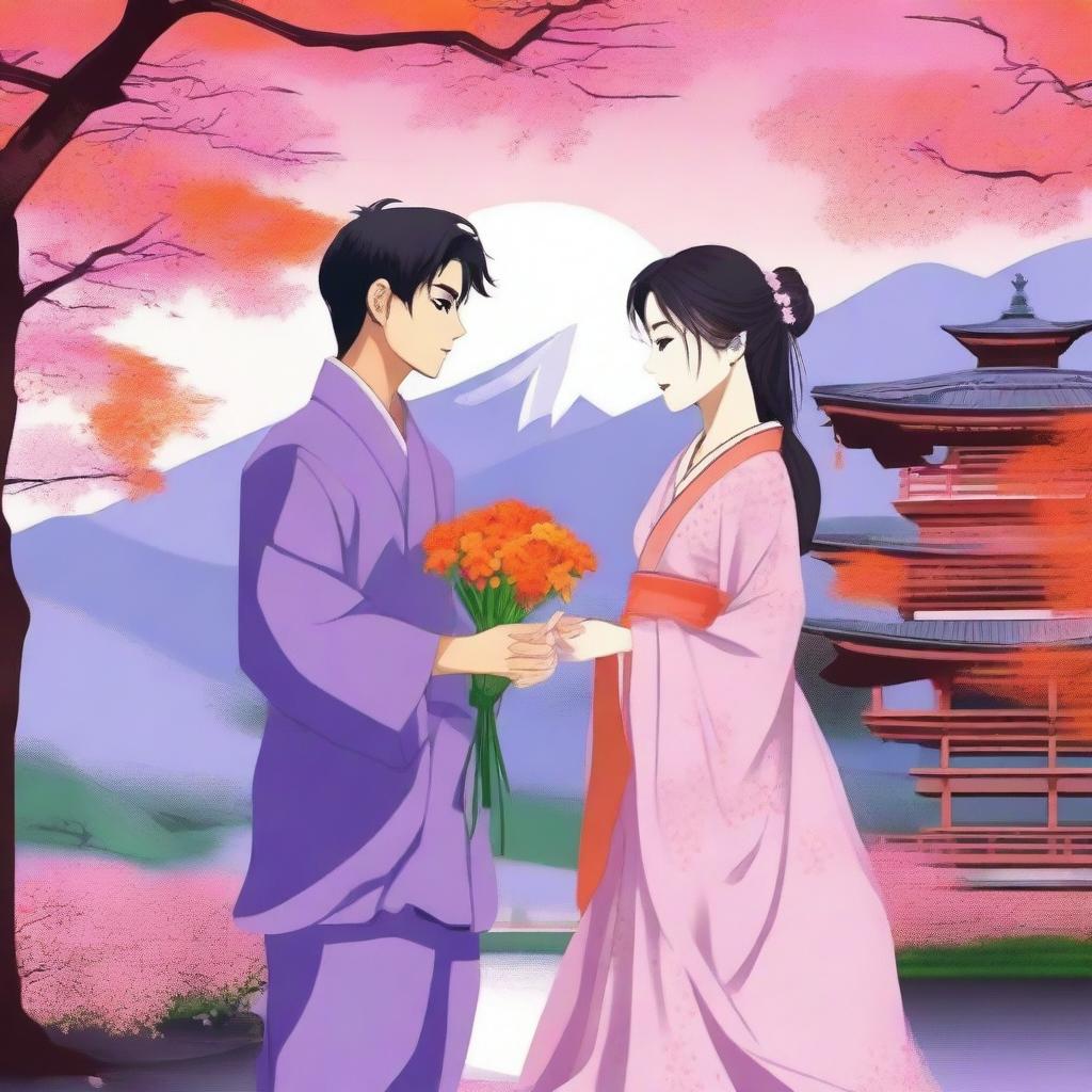 A smart Indian young man is receiving a bouquet of orange colored flowers from a beautiful Japanese young girl who is his girlfriend