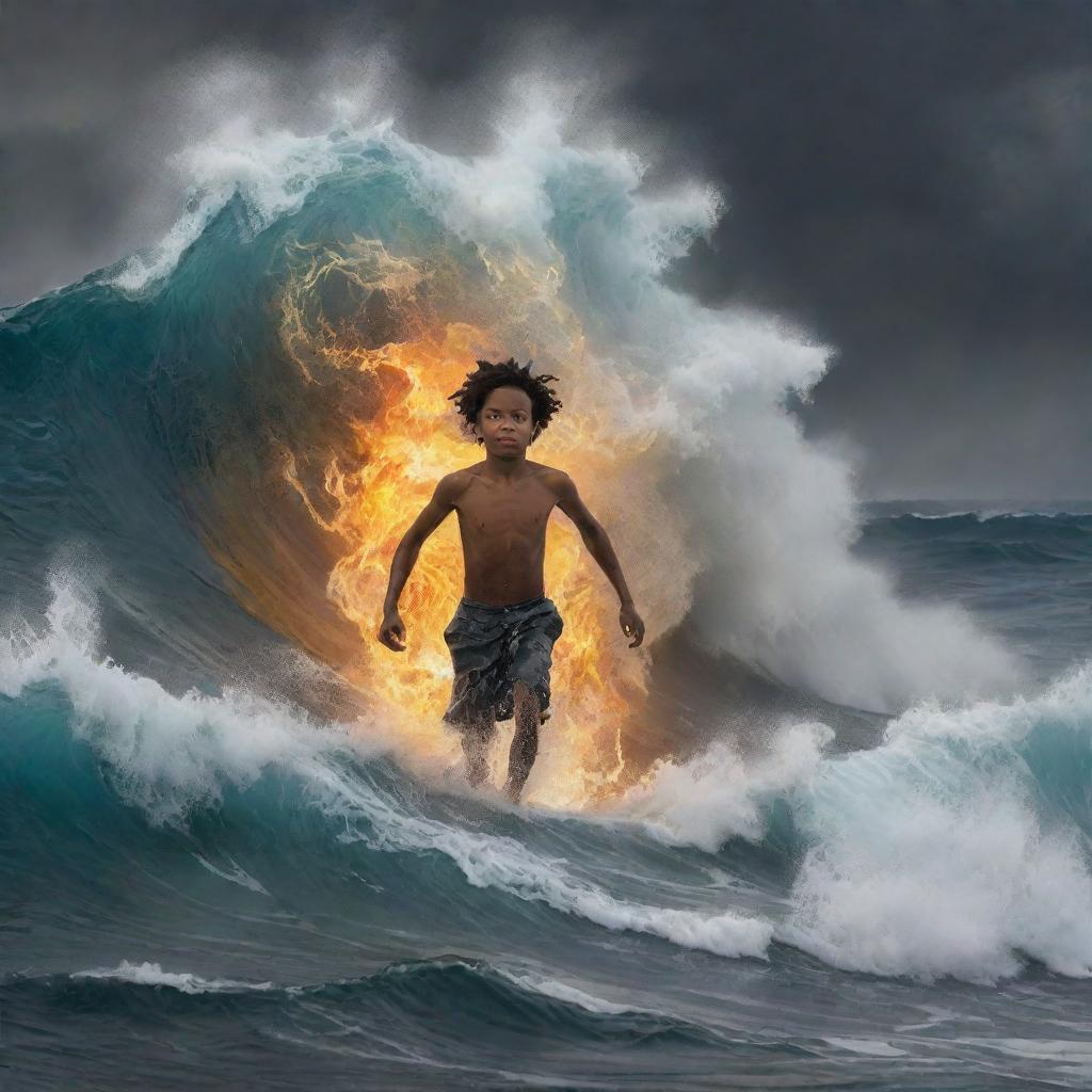 A courageous young black boy, enveloped in a safe, mystical fire, strides confidently atop a turbulent sea with colossal waves bursting around him.