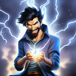 A semi-realistic, full-bodied happy human wizard casting a lightning bolt spell, wearing a blue shirt and sporting dark pointy hair with a short beard and no mustache