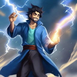 A semi-realistic, full-bodied happy human wizard casting a lightning bolt spell, wearing a blue shirt and sporting dark pointy hair with a short beard and no mustache