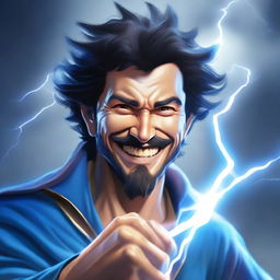 A semi-realistic, full-bodied happy human wizard casting a lightning bolt spell, wearing a blue shirt and sporting dark pointy hair with a short beard and no mustache