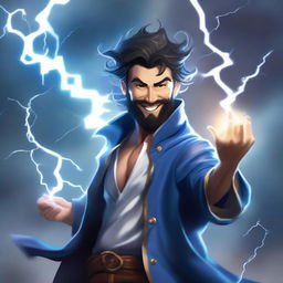 A semi-realistic, full-bodied happy human wizard casting a lightning bolt spell, wearing a blue shirt and sporting dark pointy hair with a short beard and no mustache