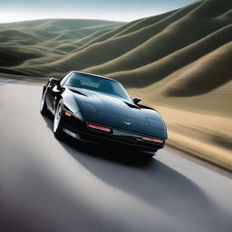 A semi-realistic image of a sleek black 1987 Corvette driving on a hilly road