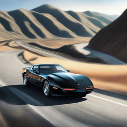 A semi-realistic image of a sleek black 1987 Corvette driving on a hilly road