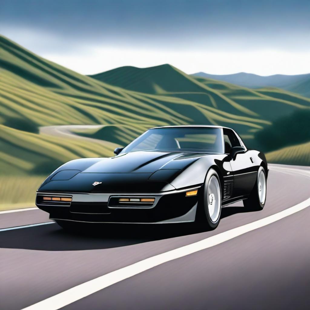 A semi-realistic image of a sleek black 1987 Corvette driving on a hilly road