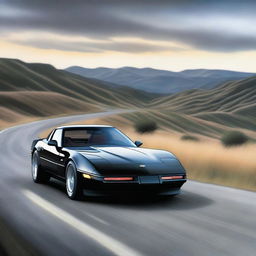 A semi-realistic image of a sleek black 1987 Corvette driving on a hilly road