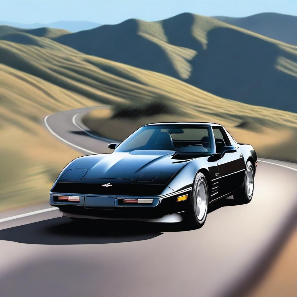 A semi-realistic image of a sleek black 1987 Corvette driving on a hilly road