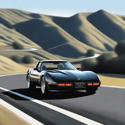 A semi-realistic image of a sleek black 1987 Corvette driving on a hilly road