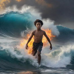 A courageous young black boy, enveloped in a safe, mystical fire, strides confidently atop a turbulent sea with colossal waves bursting around him.