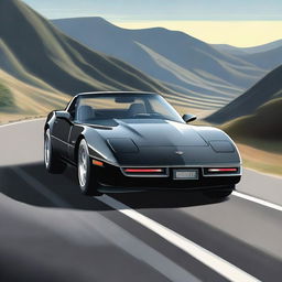 A semi-realistic image of a sleek black 1987 Corvette driving on a hilly road