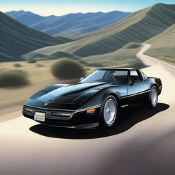 A semi-realistic image of a sleek black 1987 Corvette driving on a hilly road