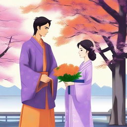 A smart Indian young man is receiving a bouquet of orange colored flowers from a beautiful Japanese young girl who is his girlfriend