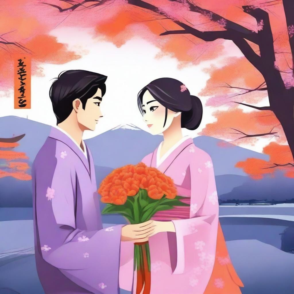 A smart Indian young man is receiving a bouquet of orange colored flowers from a beautiful Japanese young girl who is his girlfriend