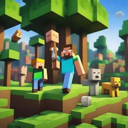 A vibrant scene from the Minecraft universe featuring iconic characters like Steve and Alex, exploring a lush forest with towering trees, animals, and hidden treasures