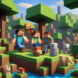 A vibrant scene from the Minecraft universe featuring iconic characters like Steve and Alex, exploring a lush forest with towering trees, animals, and hidden treasures