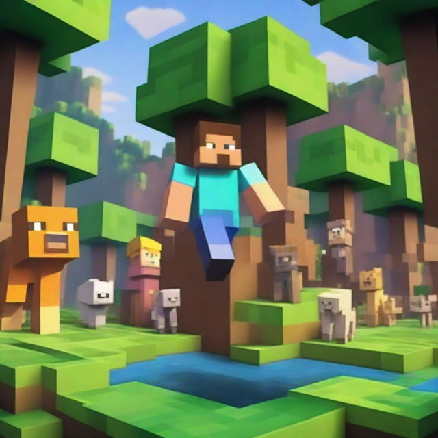 A vibrant scene from the Minecraft universe featuring iconic characters like Steve and Alex, exploring a lush forest with towering trees, animals, and hidden treasures