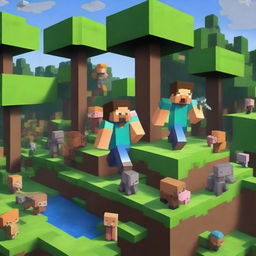 A vibrant scene from the Minecraft universe featuring iconic characters like Steve and Alex, exploring a lush forest with towering trees, animals, and hidden treasures