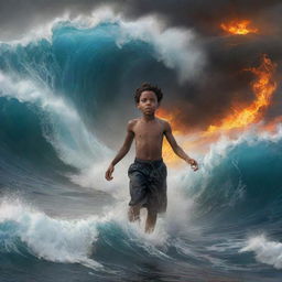 A courageous young black boy, enveloped in a safe, mystical fire, strides confidently atop a turbulent sea with colossal waves bursting around him.