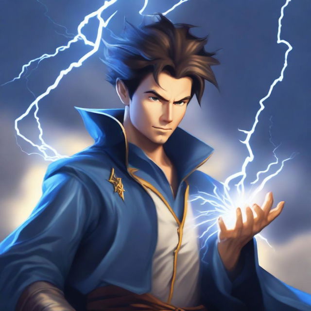 A semi-realistic, full-bodied human wizard casting a lightning bolt spell