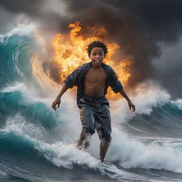 A courageous young black boy, enveloped in a safe, mystical fire, strides confidently atop a turbulent sea with colossal waves bursting around him.