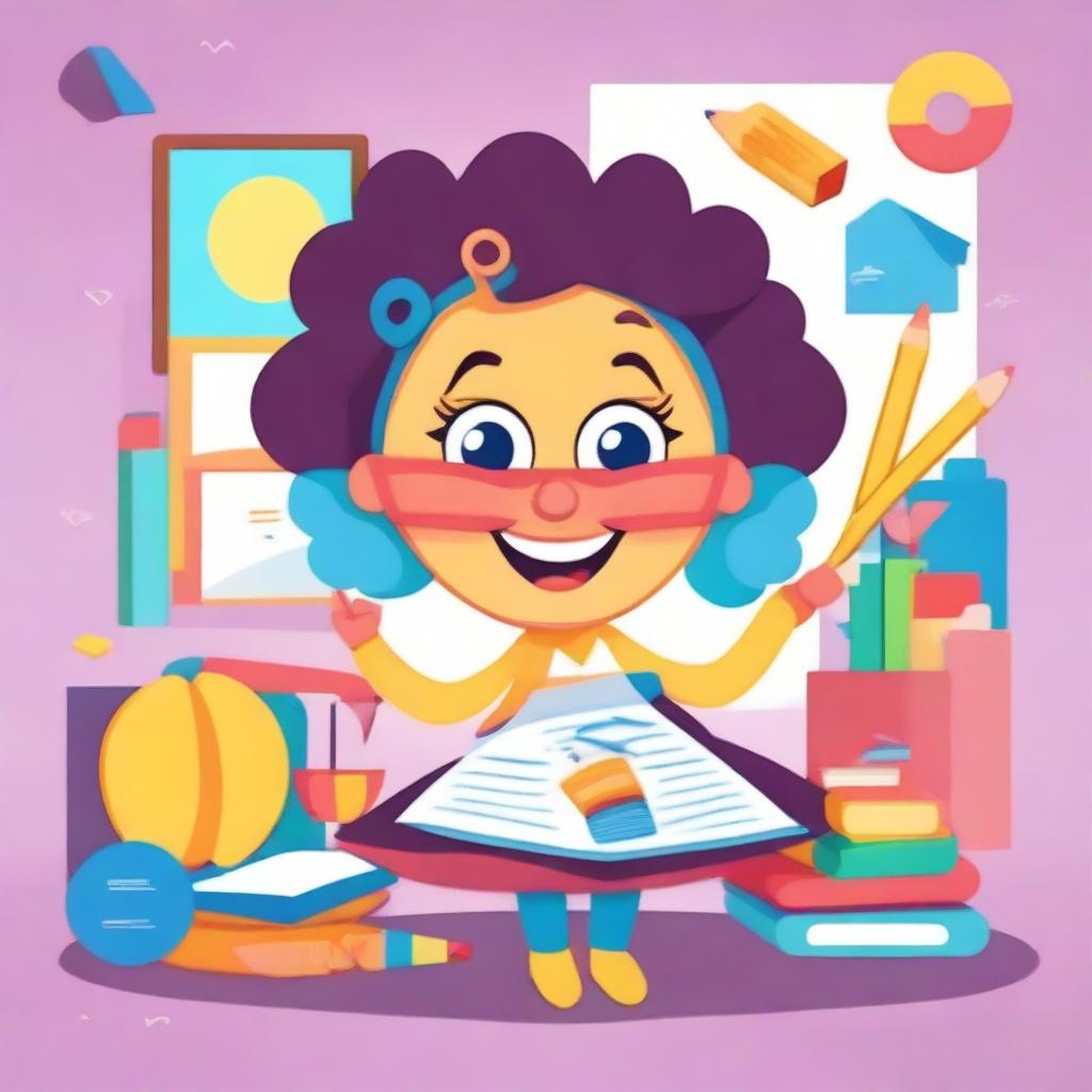 A whimsical character named Miss Circle, depicted in a playful and colorful style, teaching fundamental paper education