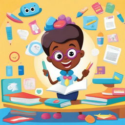 A whimsical character named Miss Circle, depicted in a playful and colorful style, teaching fundamental paper education