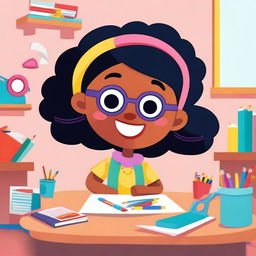 A whimsical character named Miss Circle, depicted in a playful and colorful style, teaching fundamental paper education