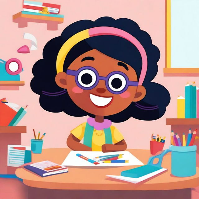 A whimsical character named Miss Circle, depicted in a playful and colorful style, teaching fundamental paper education