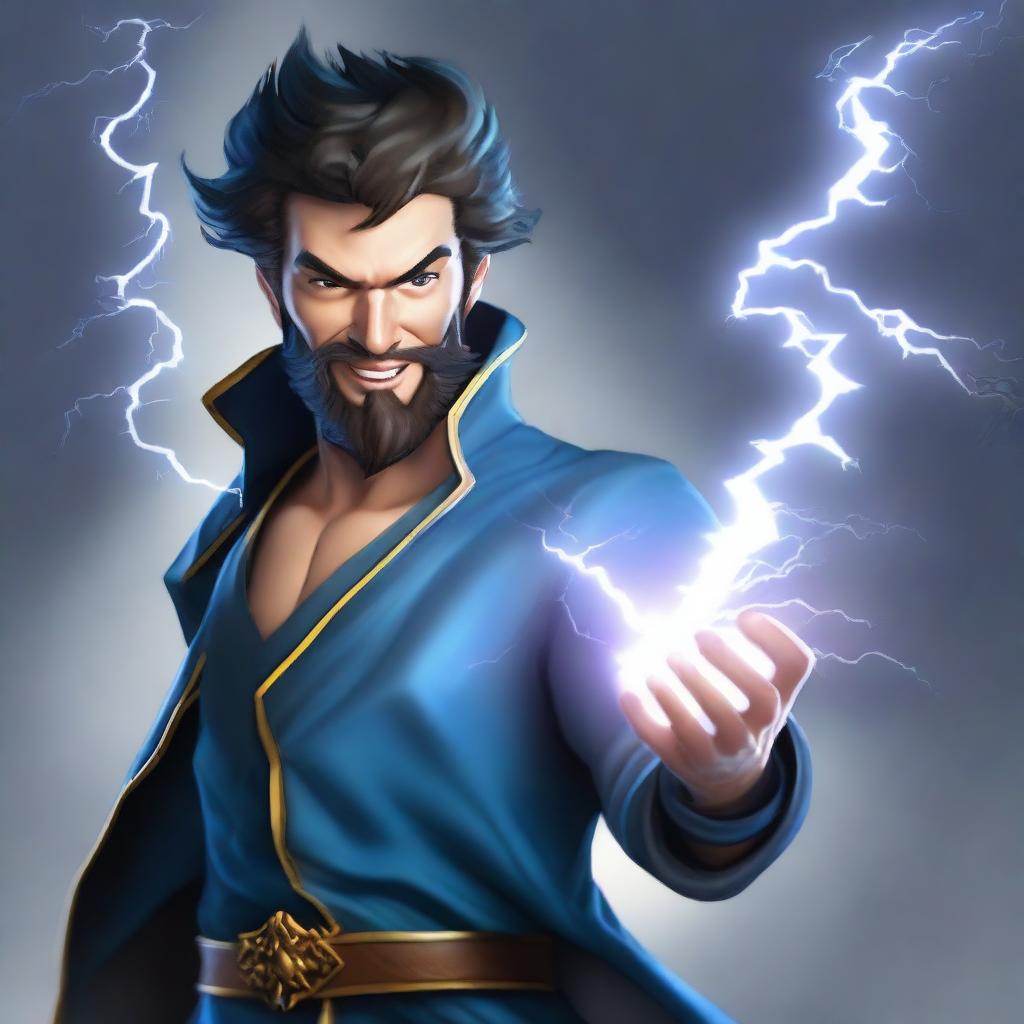 A semi-realistic, full-bodied human wizard casting a lightning bolt spell