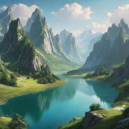 An imaginary landscape named Sristino, featuring fantastical mountains, radiant lakes, and lush greenery.