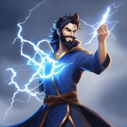 A semi-realistic, full-length human wizard casting a lightning bolt spell