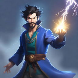 A semi-realistic, full-length human wizard casting a lightning bolt spell