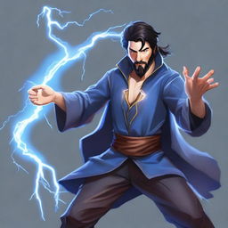 A semi-realistic, full-length human wizard casting a lightning bolt spell
