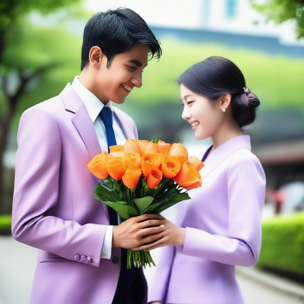 A smart Indian young man wearing a suit and tie is receiving a bouquet of orange flowers from a beautiful Japanese young girl who is his girlfriend