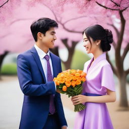 A smart Indian young man wearing a suit and tie is receiving a bouquet of orange flowers from a beautiful Japanese young girl who is his girlfriend