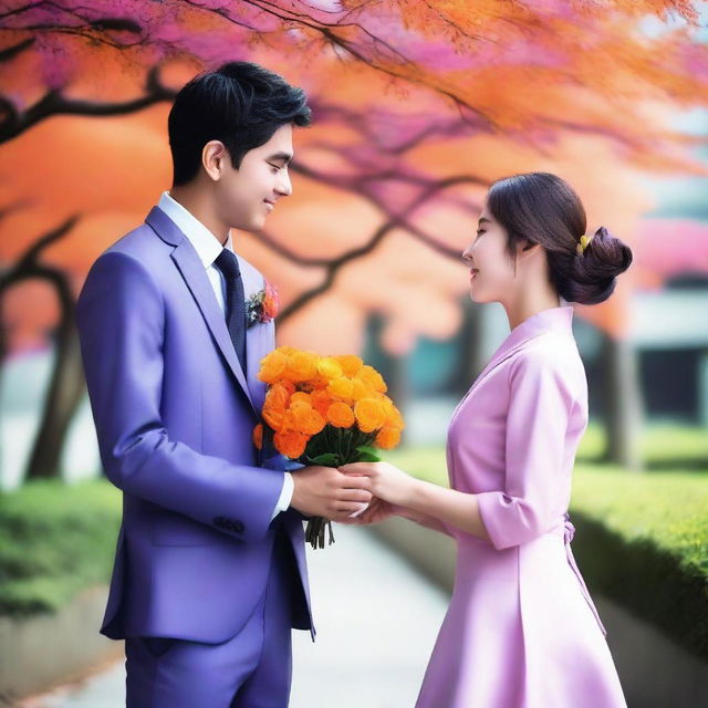 A smart Indian young man wearing a suit and tie is receiving a bouquet of orange flowers from a beautiful Japanese young girl who is his girlfriend