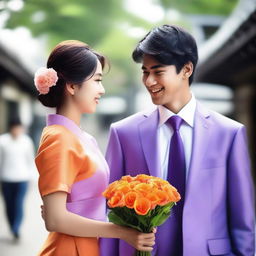 A smart Indian young man wearing a suit and tie is receiving a bouquet of orange flowers from a beautiful Japanese young girl who is his girlfriend