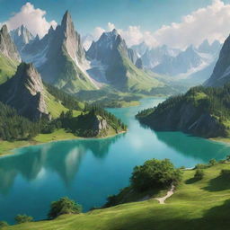 An imaginary landscape named Sristino, featuring fantastical mountains, radiant lakes, and lush greenery.