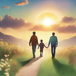 Create a book cover featuring a man and his 16-year-old son walking towards a huge sun in front of them