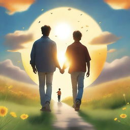 Create a book cover featuring a man and his 16-year-old son walking towards a huge sun in front of them