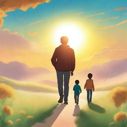 Create a book cover featuring a man and his 16-year-old son walking towards a huge sun in front of them