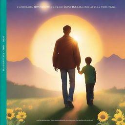 Create a book cover featuring a man and his 16-year-old son walking towards a huge sun in front of them