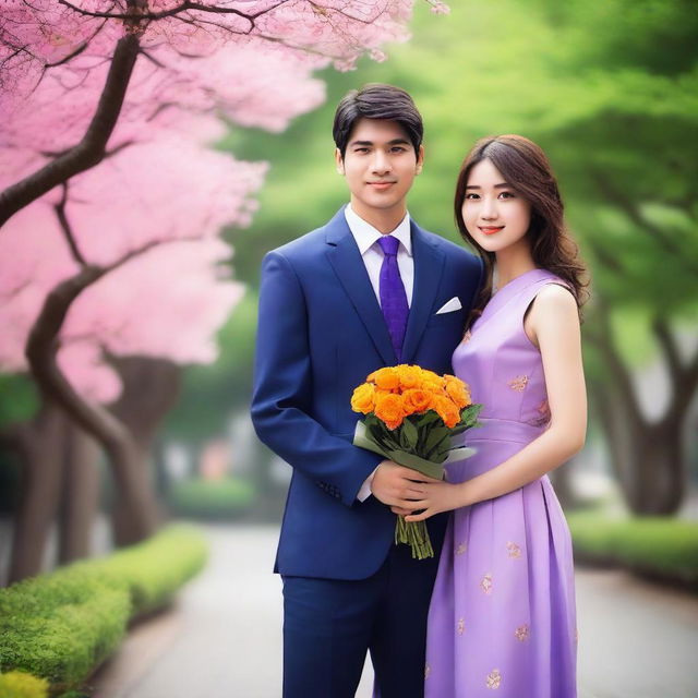 A smart Indian young man wearing a suit and tie is receiving a bouquet of orange flowers from a beautiful Japanese young girl who is his girlfriend