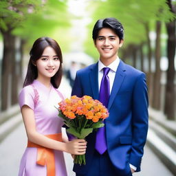 A smart Indian young man wearing a suit and tie is receiving a bouquet of orange flowers from a beautiful Japanese young girl who is his girlfriend