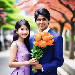 A smart Indian young man wearing a suit and tie is receiving a bouquet of orange flowers from a beautiful Japanese young girl who is his girlfriend