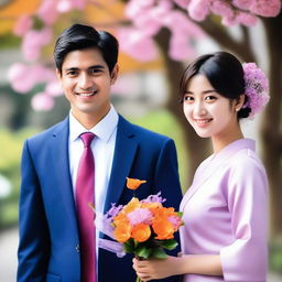 A smart Indian young man wearing a suit and tie is receiving a bouquet of orange flowers from a beautiful Japanese young girl who is his girlfriend