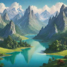 An imaginary landscape named Sristino, featuring fantastical mountains, radiant lakes, and lush greenery.