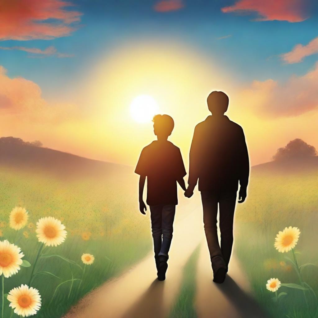 Create a book cover featuring a man and his 16-year-old son walking towards a huge sun in front of them