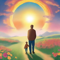 Create a book cover featuring a man and his 16-year-old son walking towards a huge sun in front of them