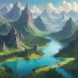 An imaginary landscape named Sristino, featuring fantastical mountains, radiant lakes, and lush greenery.